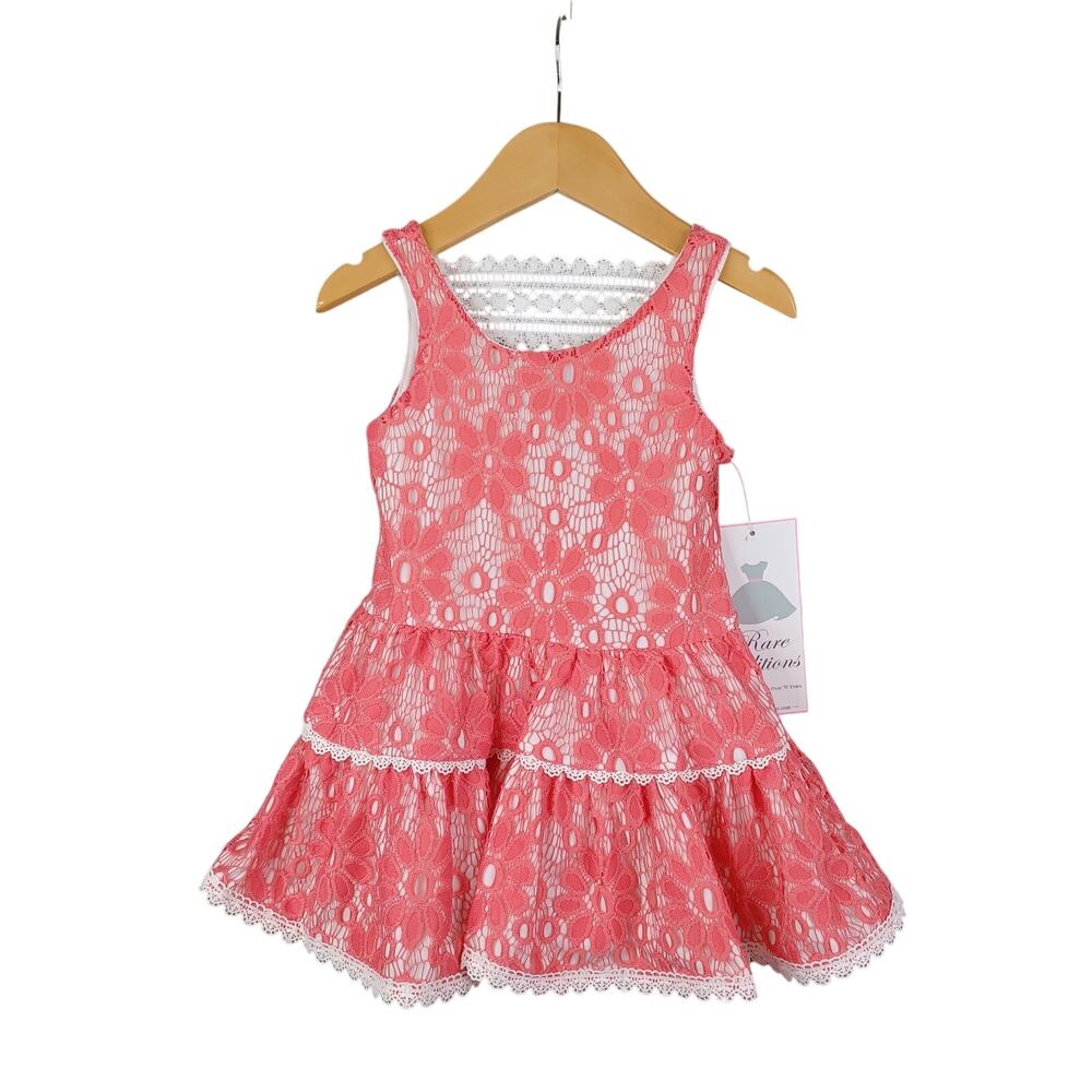 Rare Editions Girls Floral Crochet Lace Tiered Dress 2T Coral Ruffle Coquette